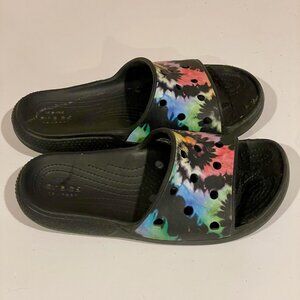 Classic Crocs Tie Dye Graphic Slides Women’s 8 Men’s 6 Black Comfort Sandals